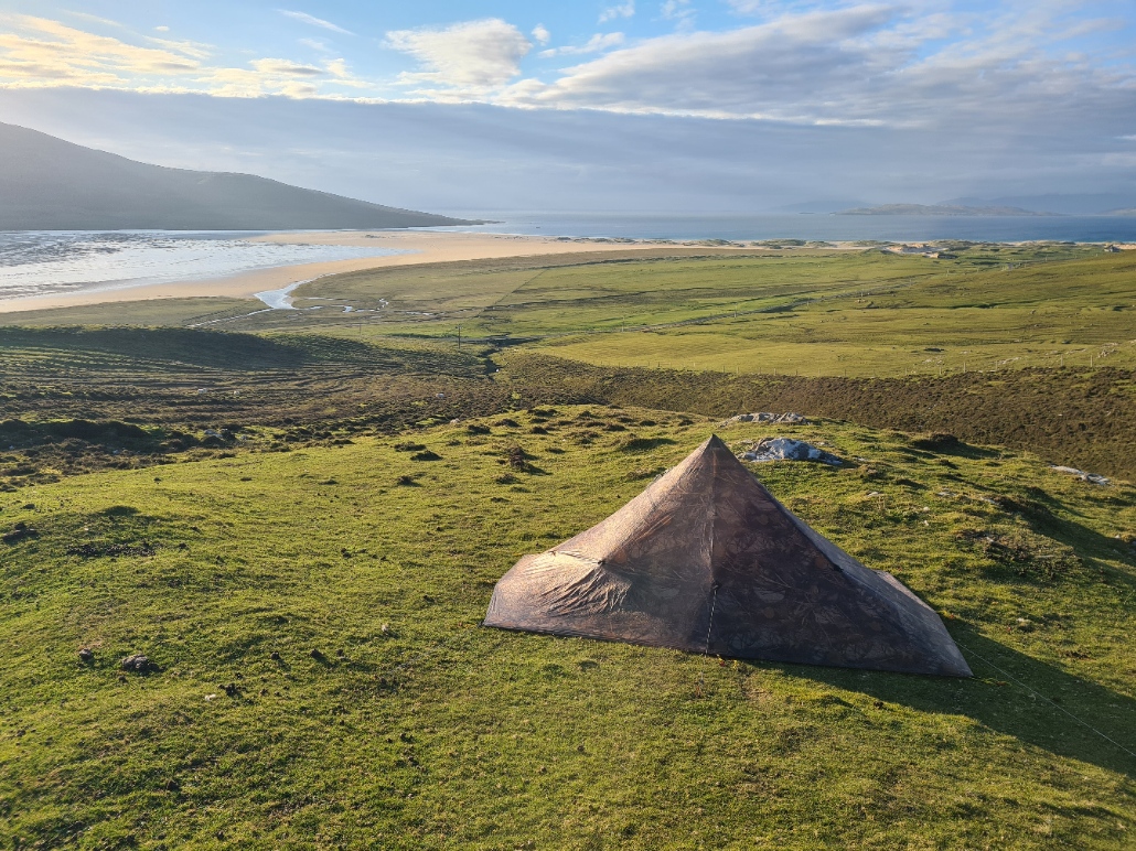 Wildcamp on the Hebridean Way. Duomid nailed down on an exposed and windy pitch