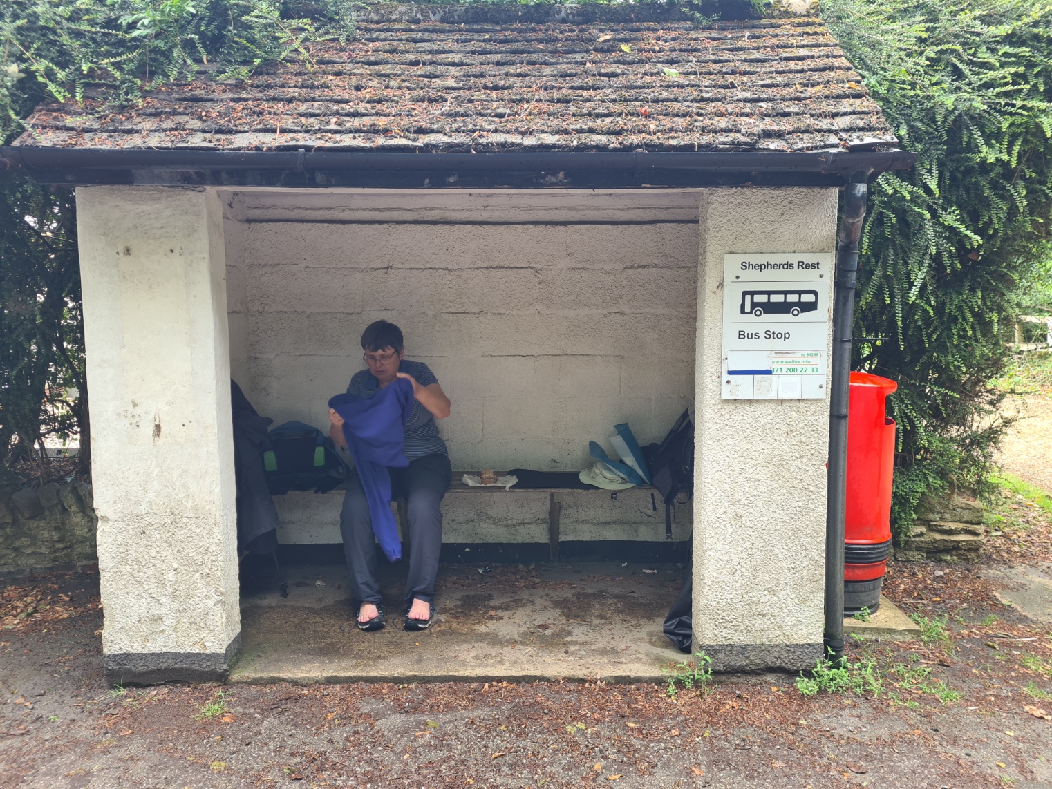 Drying off in a handy bus shelter