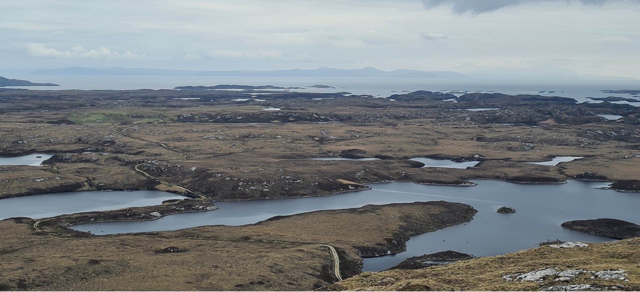 Looking north east, down toward the only way through the complicated watery terrain