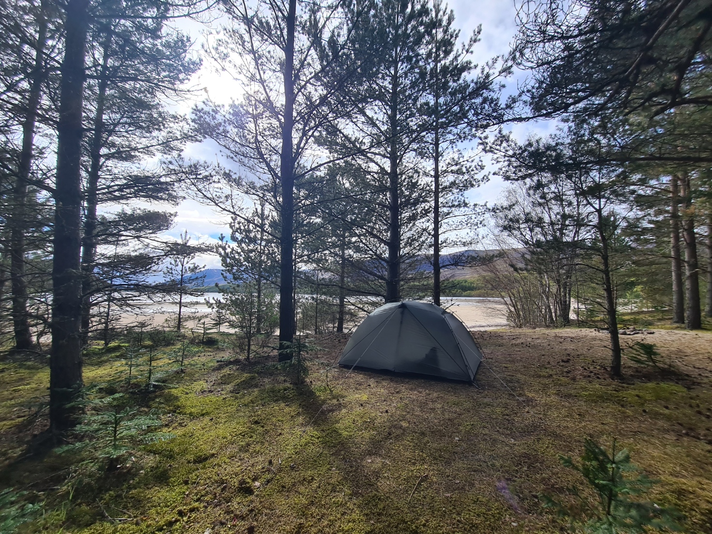 A sheltered pitch beside Loch Laggan at the end of day three